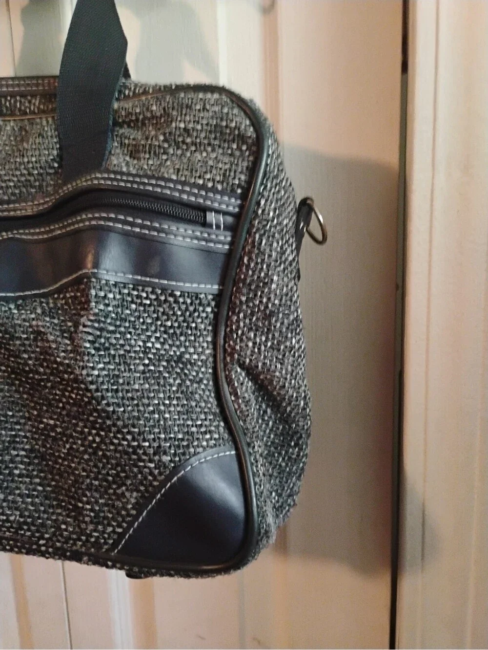 Vintage Jaguar Black & Grey Tweed Textured Satchel Handbag Faux Leather